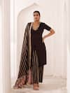 Aamra By Lavanya_Brown Silk, Chanderi Silk, Cotton Satin Embroidery V-neck Hand Kurta Set 
