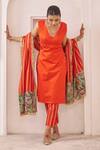Shop_Aamra By Lavanya_Orange , Cotton Satin, Chanderi Embroidery V-neck Hand Kurta Set _at_Aza_Fashions
