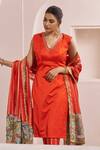 Shop_Aamra By Lavanya_Orange , Cotton Satin, Chanderi Embroidery V-neck Hand Kurta Set _Online_at_Aza_Fashions