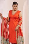 Aamra By Lavanya_Orange , Cotton Satin, Chanderi Embroidery V-neck Hand Kurta Set _at_Aza_Fashions
