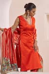 Buy_Aamra By Lavanya_Orange , Cotton Satin, Chanderi Embroidery V-neck Hand Kurta Set 