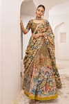 Shop_Aamra By Lavanya_Olive Green Silk Embroidery, Sequins Round Neck Olive-brown Hand Lehenga Set 
