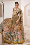 Buy_Aamra By Lavanya_Olive Green Silk Embroidery, Sequins Round Neck Olive-brown Hand Lehenga Set _Online