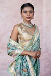 Aamra By Lavanya_Blue Silk, Lampi Embroidery Round Neck Ice-blue Hand Saree Set _Online_at_Aza_Fashions