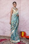 Buy_Aamra By Lavanya_Blue Silk, Lampi Embroidery Round Neck Ice-blue Hand Saree Set _Online_at_Aza_Fashions