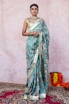 Buy_Aamra By Lavanya_Blue Silk, Lampi Embroidery Round Neck Ice-blue Hand Saree Set 