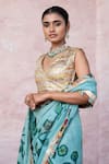 Aamra By Lavanya_Aqua Silk, Lampi Embroidery V-neck Aqua-blue Hand Saree Set _Online_at_Aza_Fashions