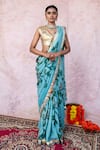 Buy_Aamra By Lavanya_Aqua Silk, Lampi Embroidery V-neck Aqua-blue Hand Saree Set _Online_at_Aza_Fashions