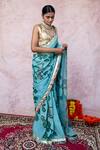 Shop_Aamra By Lavanya_Aqua Silk, Lampi Embroidery V-neck Aqua-blue Hand Saree Set _Online_at_Aza_Fashions