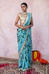 Shop_Aamra By Lavanya_Aqua Silk, Lampi Embroidery V-neck Aqua-blue Hand Saree Set 