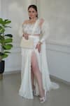 Shop_Lasha_Ivory , Satin, , Sequins, Pre-draped Saree Set _at_Aza_Fashions