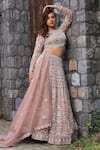 Shop_Lasha_Pink Organza, Net Sequins, Embroidery Round Neck Onion Lehenga Set _at_Aza_Fashions