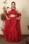 Buy_Lasha_Red Satin, Organza, Silk Sequins, Beads Halter Neck Embroidered Lehenga Set _at_Aza_Fashions