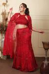 Buy_Lasha_Red Satin, Organza, Silk Sequins, Beads Halter Neck Embroidered Lehenga Set 