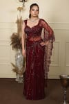 Buy_Lasha_Wine Georgette, Tulle, Net Beads, Sequins Pre-draped Saree With Blouse _at_Aza_Fashions