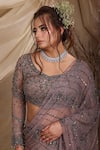 Shop_Lasha_Gray Georgette, Tulle, Net Sequins, Dusty Grey Designer Pre-draped Saree Set _Online_at_Aza_Fashions