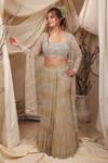 Buy_Lasha_Green Georgette, Tulle, Net Beads, Sequins Square Designer Pre-draped Saree Set _Online_at_Aza_Fashions