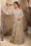 Shop_Lasha_Green Georgette, Tulle, Net Beads, Sequins Square Designer Pre-draped Saree Set _Online_at_Aza_Fashions