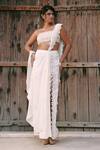 Buy_Lasha_Ivory Crepe, Silk Beads, Embroidery Square Neck Pre-draped Saree And Bustier Set _at_Aza_Fashions