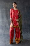 Shachi Sood_Red Silk, Organza Embroidery Round Neck Hand Kurta Set _Online_at_Aza_Fashions