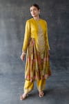 Shop_Shachi Sood_Yellow Silk, Organza Embroidery Round Neck Kesar Phool Kurta Palazzo Set _at_Aza_Fashions