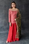 Buy_Shachi Sood_Red Chanderi, Silk, Organza Embroidery Round Neck Gulaab Hand Kurta Set _at_Aza_Fashions