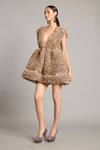 Buy_Siddartha Tytler_Gray Organza Plunge Neck Steel Grey Ruffle Dress _Online_at_Aza_Fashions