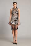 Buy_Siddartha Tytler_Black Net Sequins V-neck Zari Forest Sheer Bauble Dress _at_Aza_Fashions