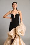 Buy_Siddartha Tytler_Black Microfiber Plunge Neck Gold Bauble Bow Gown _Online_at_Aza_Fashions