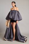 Buy_Siddartha Tytler_Black Organza Off-shoulder Gold Charcoal Bauble Mini Dress 