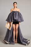 Buy_Siddartha Tytler_Black Organza Off-shoulder Gold Charcoal Bauble Mini Dress _at_Aza_Fashions