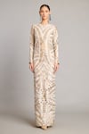 Buy_Siddartha Tytler_Ivory Net Applique Gold Column Gown _at_Aza_Fashions