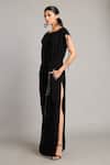 Siddartha Tytler_Black Microfiber Crystals Boat Neck Belted Kaftan With Detail _Online_at_Aza_Fashions