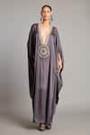Buy_Siddartha Tytler_Gray Satin Beads V-neck Charcoal Mandala Kaftan _at_Aza_Fashions