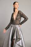 Buy_Siddartha Tytler_Black Net Embroidery V-neck Sheer Mixed Media Bodysuit _Online_at_Aza_Fashions
