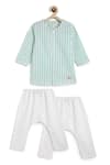 Tiber Taber_Green Cotton Striped Kurta And Pyjama Set _at_Aza_Fashions