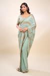 Nakul Sen_Blue Sequins Round Neck Porcelain Saree Set _Online_at_Aza_Fashions