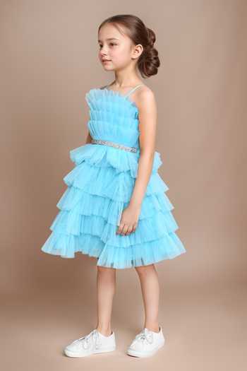 Petite Pomme_Blue Net, Satin Embellished Party Dress _at_Aza_Fashions