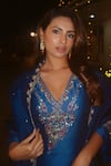 Irrau By Samir Mantri_Blue , Chanderi, Organza Cut Work, Sequins, Myra Neckline Kurta Set _Online