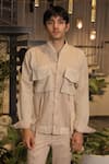 Ankur J_Beige Cotton Crochet Bomber Shirt _at_Aza_Fashions