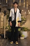 Ankur J_Black Linen Crochet Overlay Jacket Set _at_Aza_Fashions