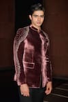 Shop_Contrast By Parth_Wine Silk, Velvet, Lycra Beads Ember Bandhgala Set _Online_at_Aza_Fashions