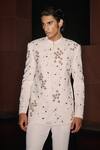 Shop_Contrast By Parth_Off White Lycra Sequins, Embroidery Moondust Hand Bandhgala Set _Online_at_Aza_Fashions