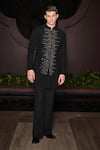 Contrast By Parth_Black Lycra Sequins, Embroidery Noir Crest Nehru Jacket Set _Online_at_Aza_Fashions