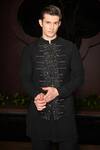 Shop_Contrast By Parth_Black Lycra Sequins, Embroidery Noir Crest Nehru Jacket Set _Online_at_Aza_Fashions