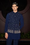 Buy_Contrast By Parth_Blue Lycra Embroidery Stellar Hand Nehru Jacket Set _Online_at_Aza_Fashions