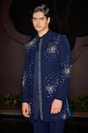 Contrast By Parth_Blue Embroidery Celestial Open Sherwani Set _Online_at_Aza_Fashions