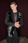 Buy_Contrast By Parth_Black Silk, Velvet, Lycra Beads Stardust Hand Embroidered Tuxedo Set _Online_at_Aza_Fashions