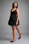 Shop_Deepika Arora_Black Roma Embroidery Scoop Neck Textured Shimmer Bubble Dress _Online_at_Aza_Fashions