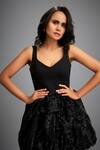 Deepika Arora_Black Roma Embroidery Scoop Neck Textured Shimmer Bubble Dress _at_Aza_Fashions